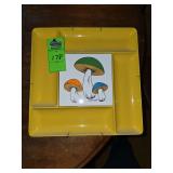 vintage 1970s melamine divided relish tray featuring a decorative ceramic tile with a mushroom design, often associated with the 'Merry Mushroom' style popular during that era.