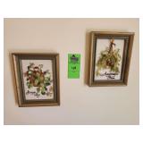 vintage set of 'Jiffy Stitchery' framed crewel embroidery art from the 1970s, specifically titled 'Grape Ivy' and 'Asparagus Fern