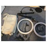 2 ring lights, Microphone stand, and camera bag