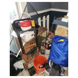 Dolly, 5 gallon bucket, and contents of corner