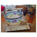 2 amethyst wine glasses, hand painted serving bowl, 2 glass beverage stirring sticks and small ceramic mint or trinket dish