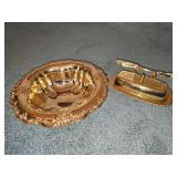 Gold electroplated butter dish, spreader knife, and serving bowl