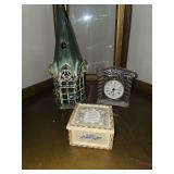 Cathedral candle lantern, keepsake box, vintage Staiger Quartz crystal desk clock
