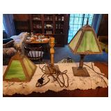 2 Mission-style green slag glass table lamp, likely from the 1910s or 1920s.