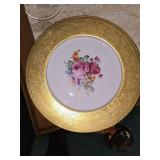 vintage gold-encrusted floral dinner plate, likely pattern PUN75 crafted by Porcelain Union in Czechoslovakia around 1925.