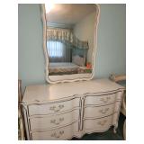 Vintage French Provincial style 6-drawer double dresser with a matching wall mirror and night stand