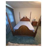 Vintage solid wood Queen bedroom set including bed with mattress and boxspring, nightstand, and long dresser with mirror. NO CONTENTS