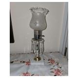 Set of 2 vintage boudoir hurricane lamps featuring a frosted glass shade and dangling crystal prisms