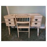 Vintage white-painted wooden vanity desk and chair set featuring a distressed finish