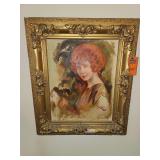 antique framed portrait painting of a young woman with reddish hair, signed with a surname that resembles "Johnson"