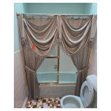 faux-silk waterfall valance shower curtain detailed with crystal-beaded fringe and matching tiebacks. (Sage green color)