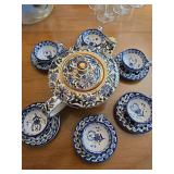 vintage blue and white ceramic tea set from Ikaros Pottery Rhodes Greece featuring an intricate floral pattern.