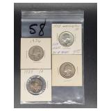 4 VARIOIUS SILVER WASHINGTON QUARTERS