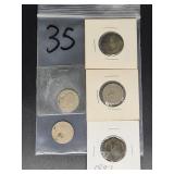 4 VARIOUS V-NICKELS & 1 SHIELD NICKEL