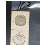 (2) 1967 KENNEDY CLAD HALF DOLLARS 40% SILVER