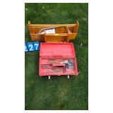 2 WOOD TOOL CARRIERS & PLASTIC TOOL BOX