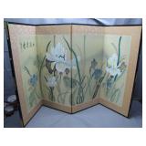 Asian 4 Panel Iris Painted Divider Screen