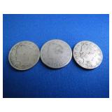 3 U.S. 'V' Nickels 1906, 1907, 1911
