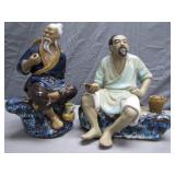 2 Older Oriental Tea Drinking Men Figures