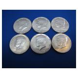 Six 1964-1969 U.S. Silver Kennedy Half Dollars
