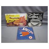 3 Vntg Metal Food Signs