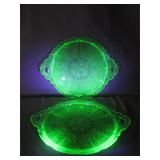 2 Uranium Glass Holly Berry Etched Pie Plates
