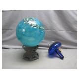 Glass Ball Yard Ornament w/ Stand & Glass Mushroom