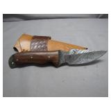 Damascus Steel Hunting Knife w/ Leather Sheath