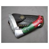 Damascus Steel Lock Blade Knife w/ Leather Sheath