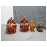 2 Rooster Cookie Jars w/ Turkey & Rooster Figures
