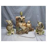 Owl Figurine Lamp and Sculptures Trio