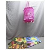 Decorative Linens and Pink Hanging Basket Lot