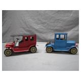 Two Tin Model Cars in Red and Blue