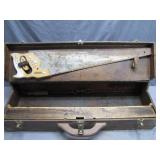 Wooden Tool Box with Hand Saw and Accessories