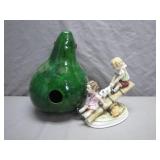 Lefton China Figurine and Green Birdhouse