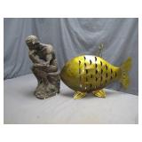 Unique Thinker Sculpture and Metal Fish Decor
