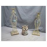 Whimsical Metal Candleholders with Ceramic Owl