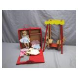 Doll With Red Case and Wooden Swing Set