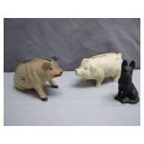 Cast Iron Dog and Pig Bank Trio
