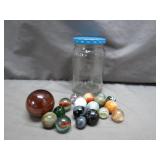 Glass Shooter Marbles in Jar with Large Marble