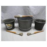 Three Paint Buckets with Brushes