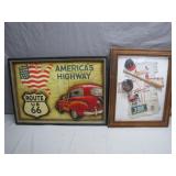Framed Route 66 Sign and Baseball Memorabilia