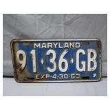 1963 Maryland License Plate with Blue Design