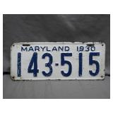 Hand-Painted 1930 Maryland License Plate