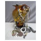 Amber Glass Vase With Jewelry Assortment