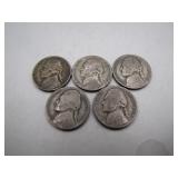 WWII Jefferson Silver Nickels: 5 Various Mints
