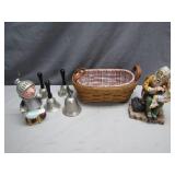 Eclectic Decor Lot: Figurines, Bells, and Basket