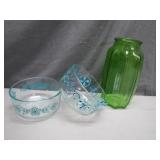 Two Bowls and a Green Glass Vase