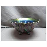Iridescent Carnival Glass Bowl on Four Feet