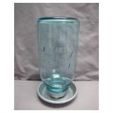 Blue Glass Jar Chicken Feeder with Metal Base